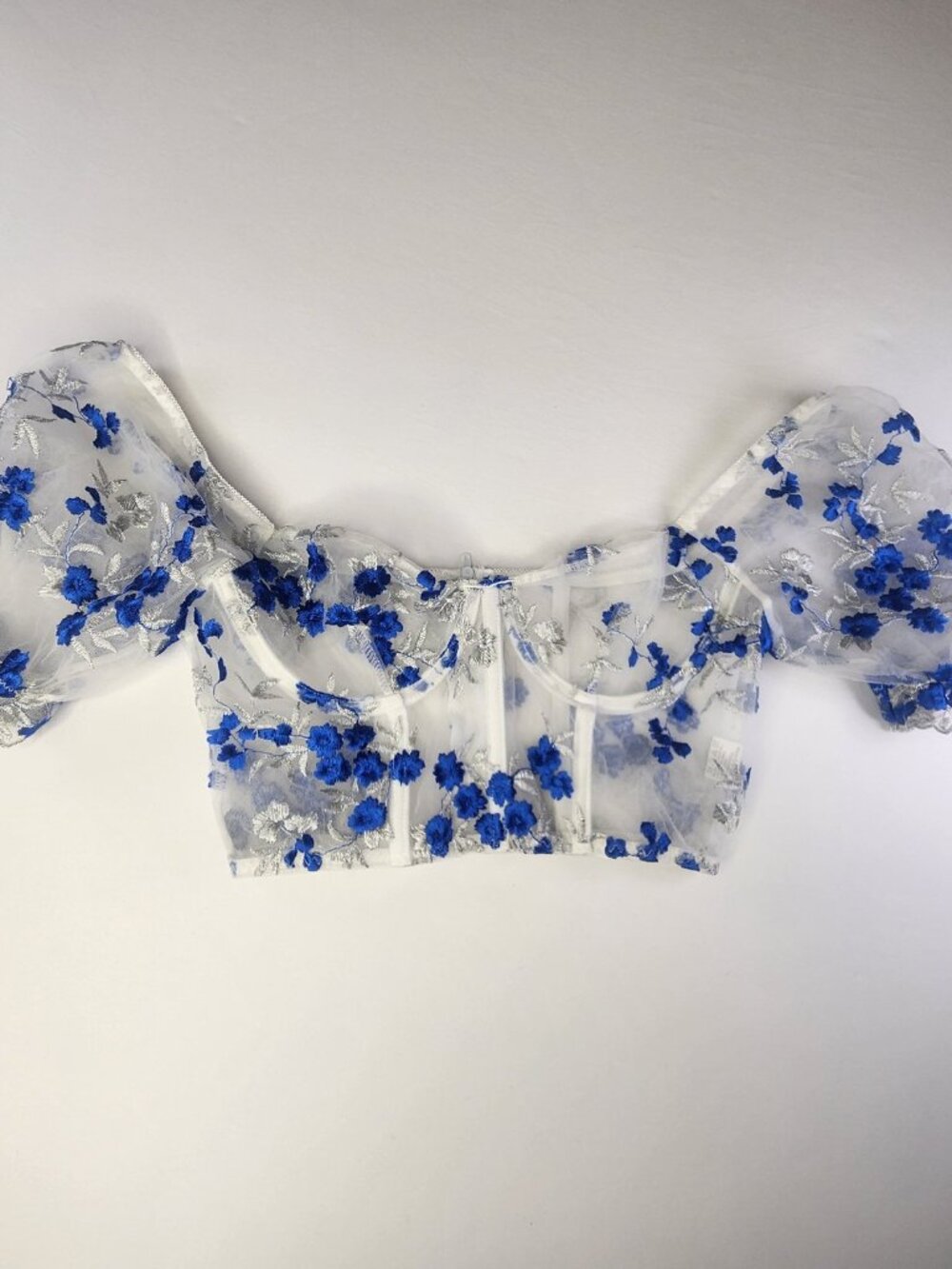 Floral Embroidered Mesh Corset Top Blue & White, Size S Y2K Bustier